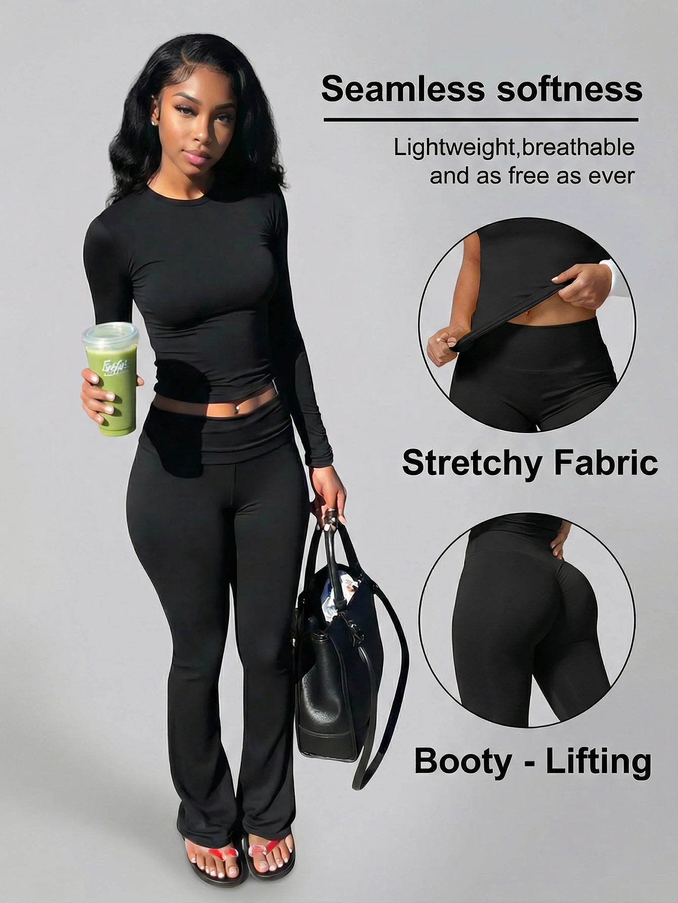 Women's solid color long-sleeve round-neck T-shirt and flare pants casual two-piece set, sportswear set, fitness set