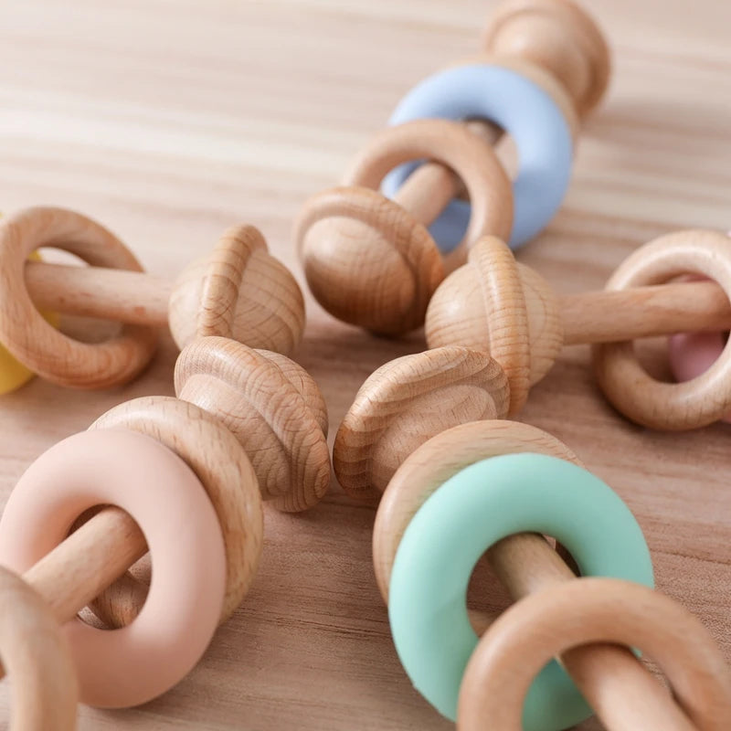 Wooden Rattle Silicone Ring — Sensory Baby Toy | 0-12 Months Gift