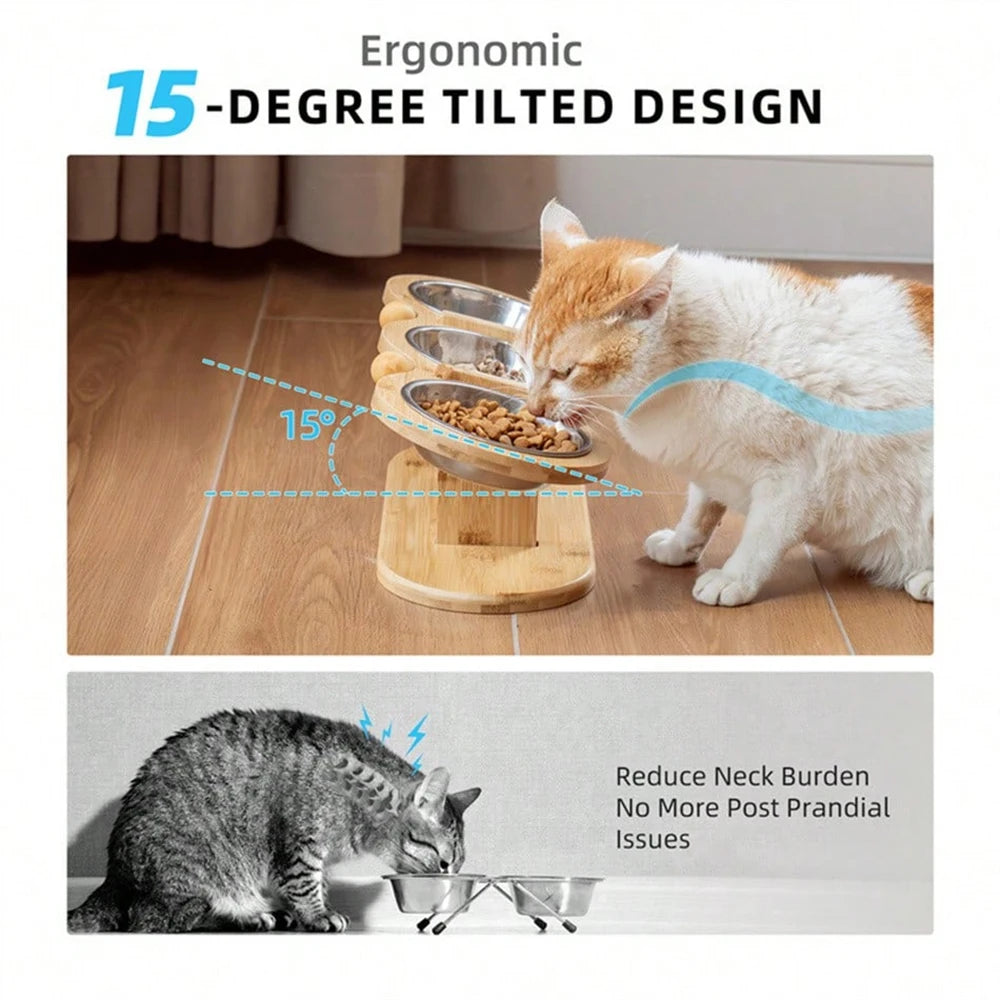 Cat 3 Bowls in 1 Feeder Feeding & Watering Supplies Food Bowl 15-Degree Tilt Raised 3 Stainless Steel Bowls Wood Brackets Puppy