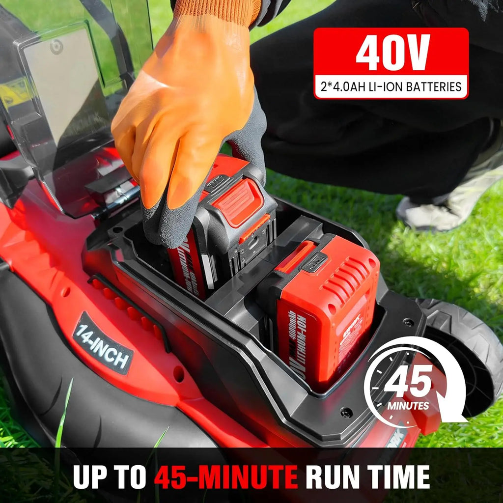 40V Cordless Lawn Mower with 2 Batteries, 14" Cutting Width, Lightweight 21lbs Design for Small Yards