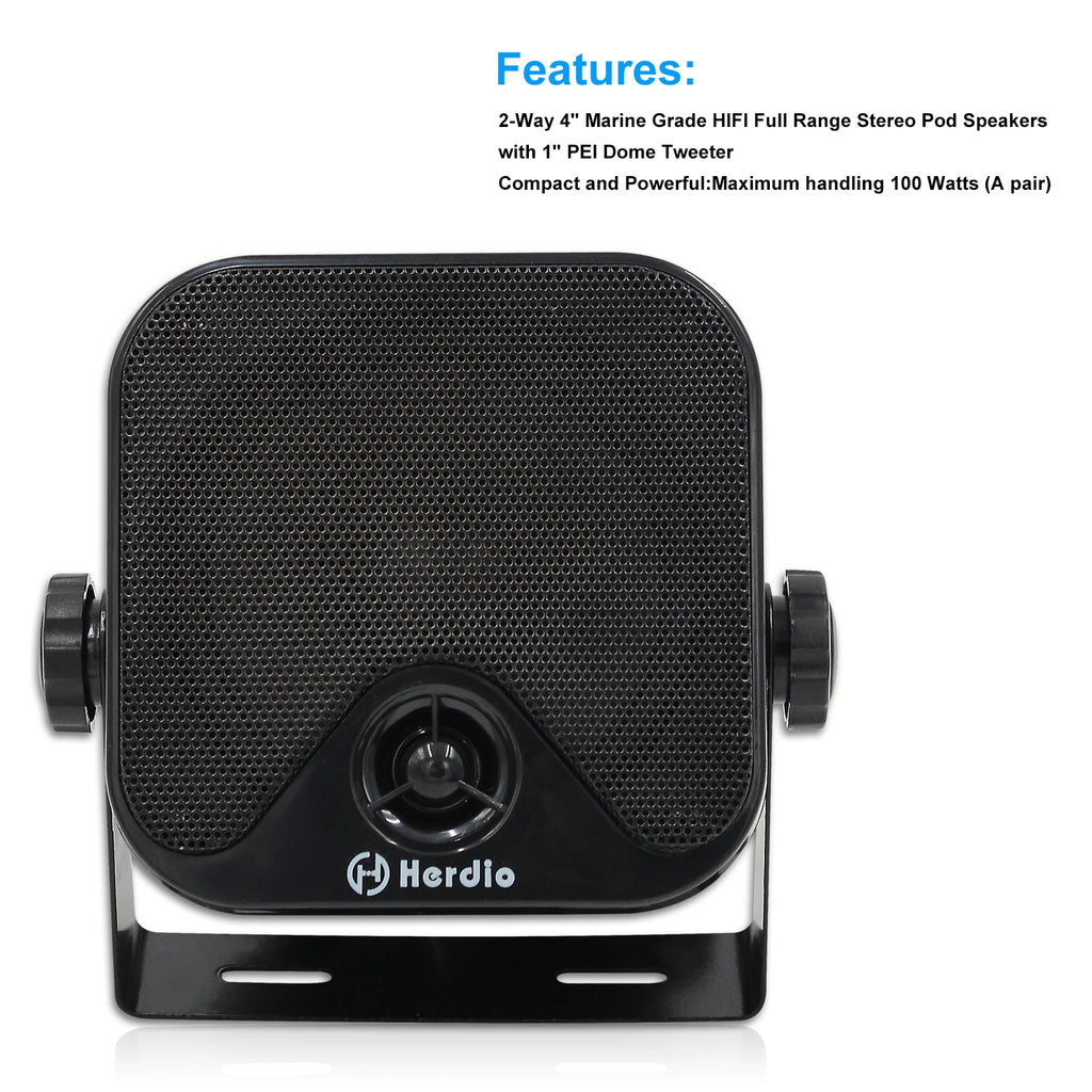 Herdio 4'' Bluetooth Marine Speakers 100W Heavy Duty Waterproof- Surface Mounted for Camper ATV UTV RZR Golf Cart Boat
