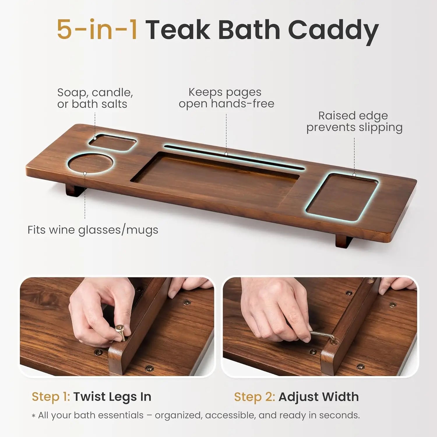 Teak Bathtub Tray Caddy - 29" Wide Adjustable Bathtub Table for Freestanding Tubs, Non-Slip Design with Phone/Wine Holder, Brown