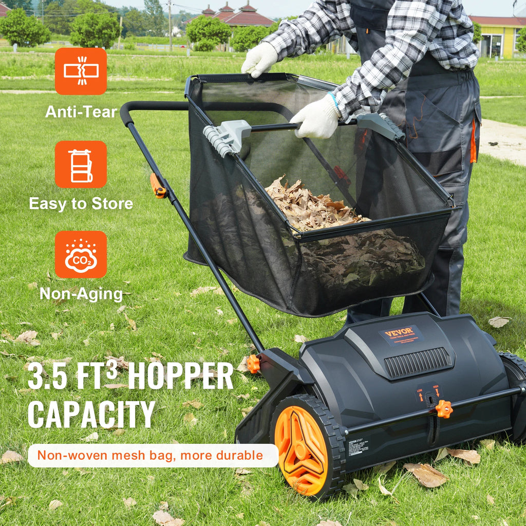 SucceBuy Push Lawn Sweeper 3.5cu.ft 21inLeaf Grass Collector Steel Durable Capacity Mesh Collection Hopper Bag 2Spinning Brushes