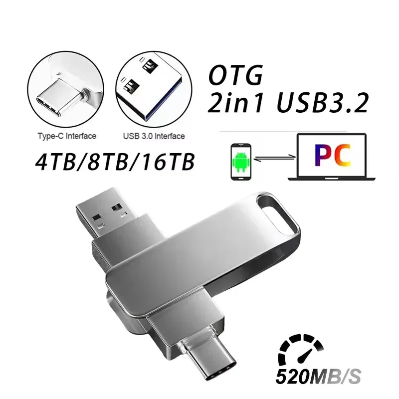 USB 3.2 Gen 1 Type‑C Dual Interface Metal Flash Drive, High‑Speed Waterproof Pen Drive for PC Laptop, 4TB 8TB 16TB Storage