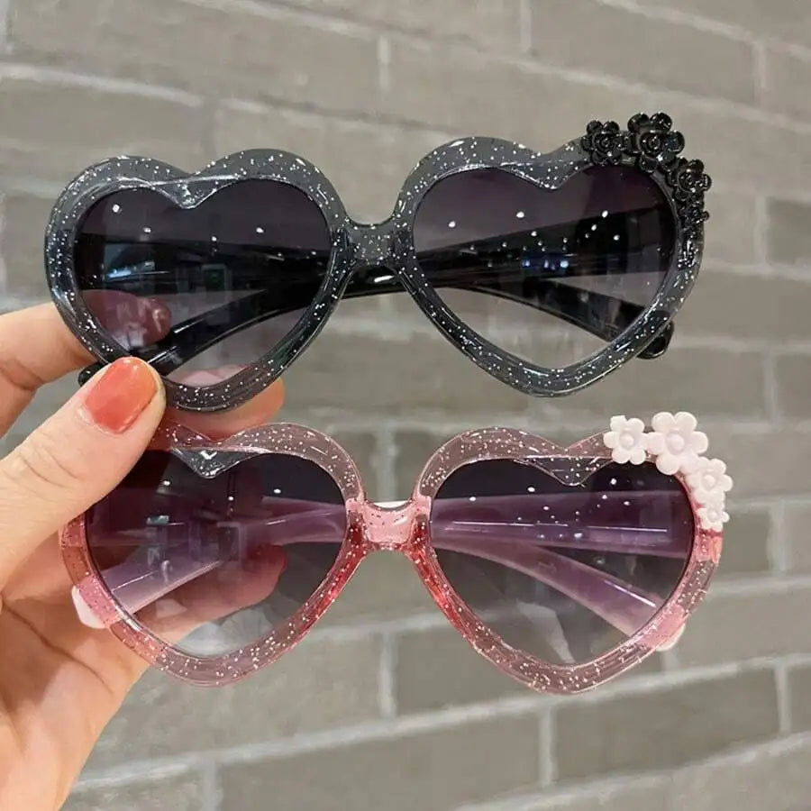 Heart-Shaped Glitter Sunglasses with Floral Embellishment for Girls
