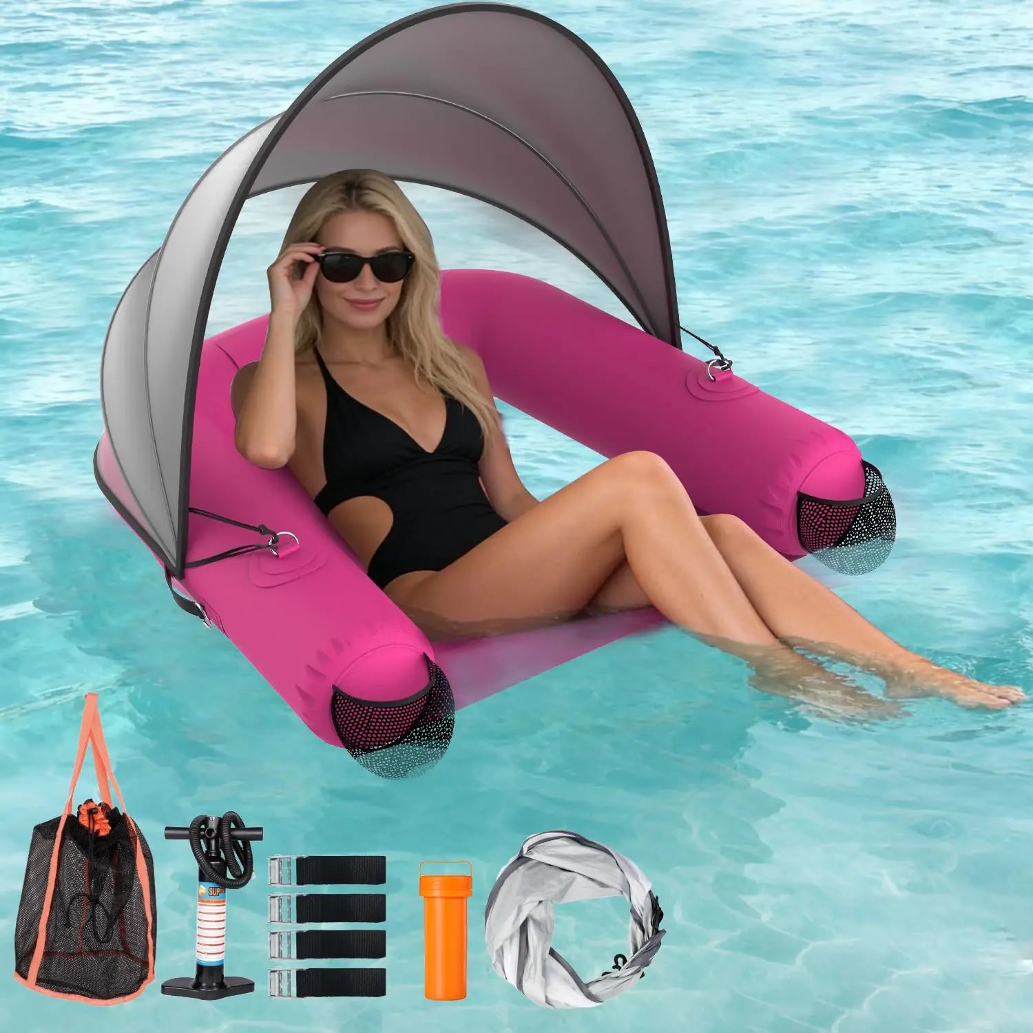 Adult Inflatable Pool Floats Chair with UPF50+ & Vented Canopy, 2 Drink Holders, Deepened Seat, Adjustable Sun, Customized