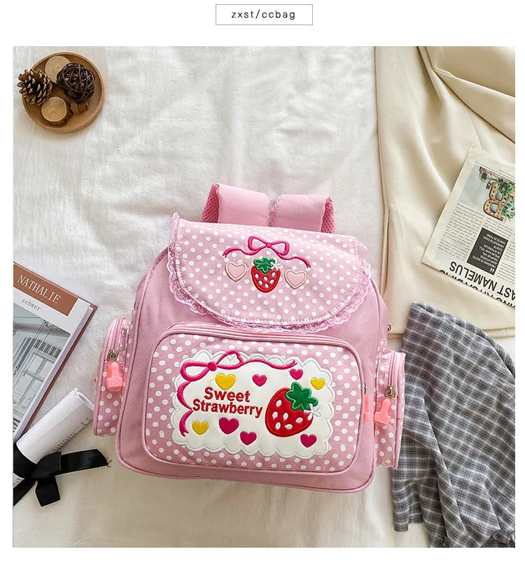 Pink Girl Embroidery Strawberry Children's Schoolbag Student Birthday Gift 2026 New Japanese Cartoon Pink Backpack Book Bags