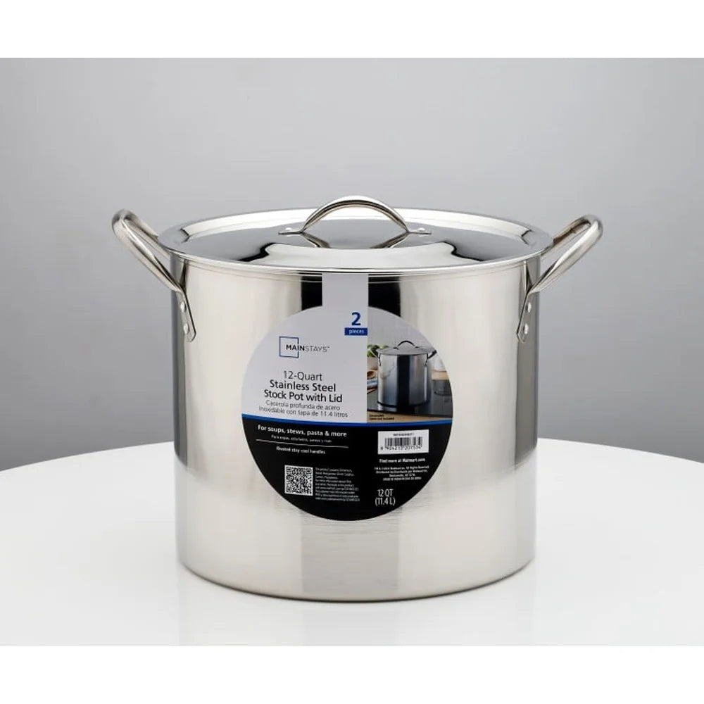 Olla de Sopa Acero Inoxidable 12Qt | Tapa Metal | Asas Frescas | Cocina Pesada | Estofado y Hervido