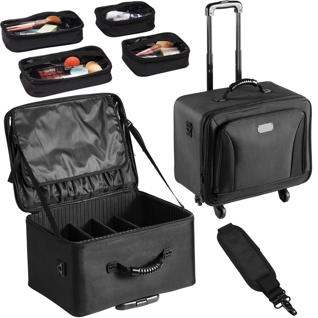 SucceBuy Rolling Makeup Train Case Storage Convenient Carry With Handle Wheels Strap Makeup Organizer Box Waterproof Oxford