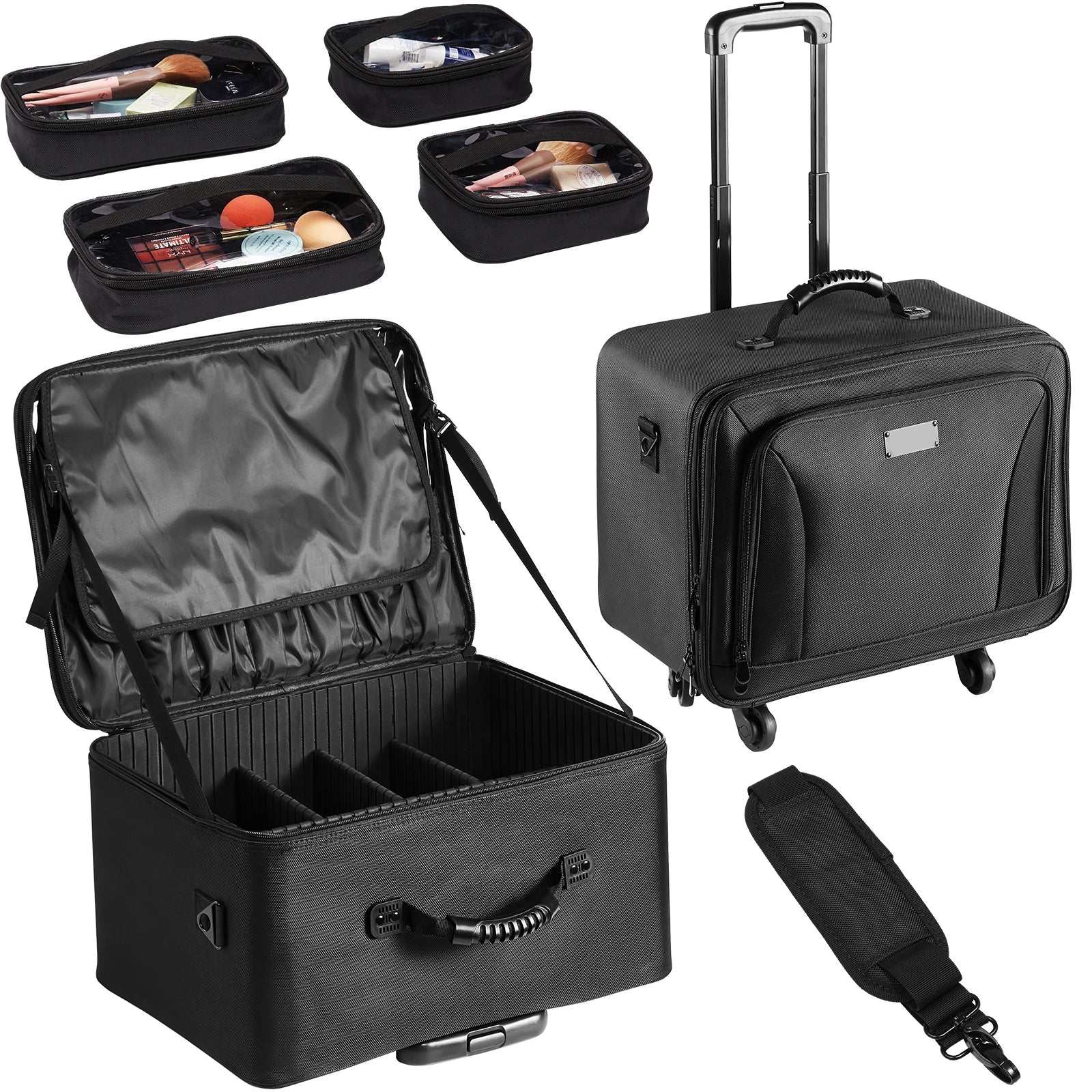 SucceBuy Rolling Makeup Train Case Storage Convenient Carry With Handle Wheels Strap Makeup Organizer Box Waterproof Oxford