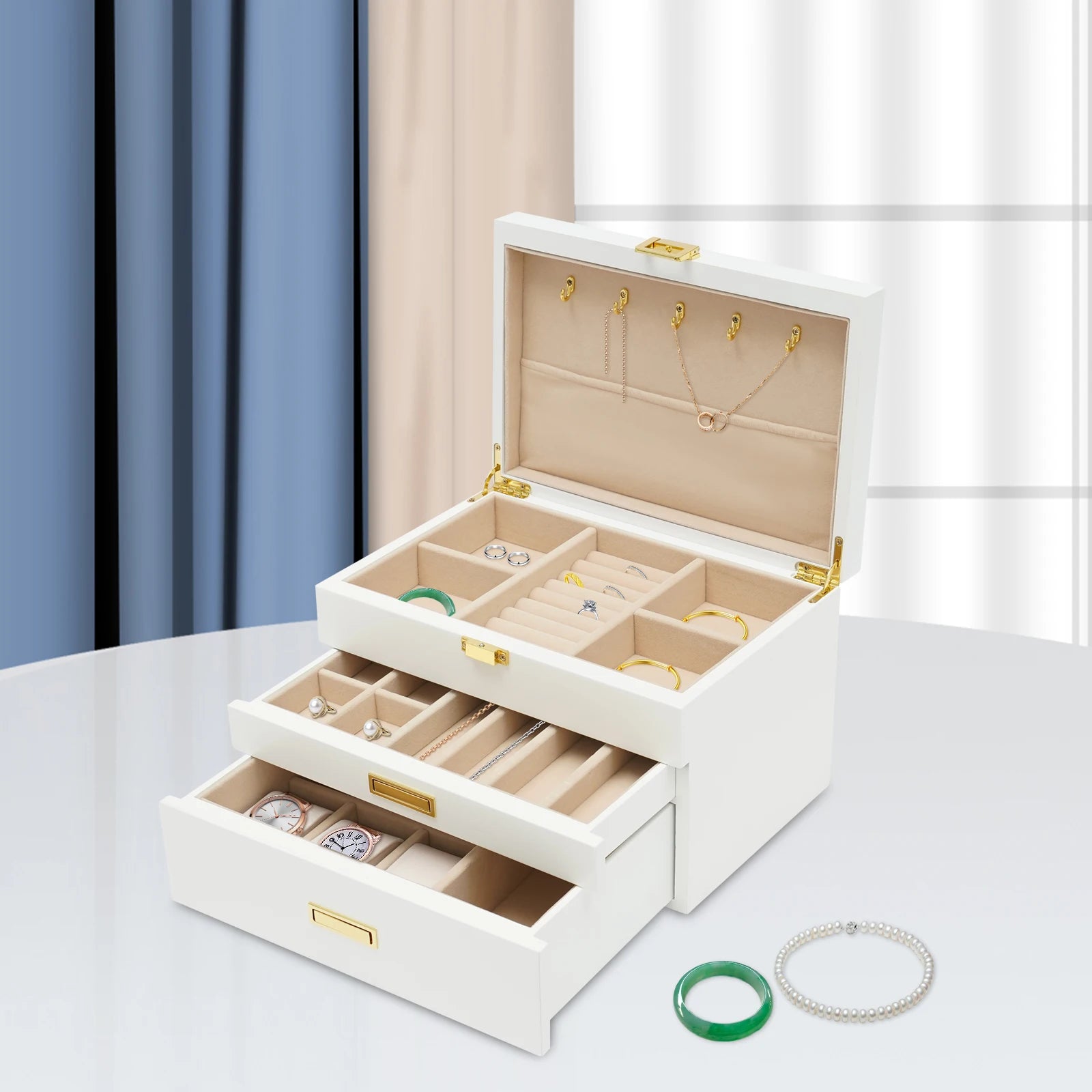 Black Walnut /Brown / White Wood Organizer Jewelry and Watch Display Case Storage Box Convenient