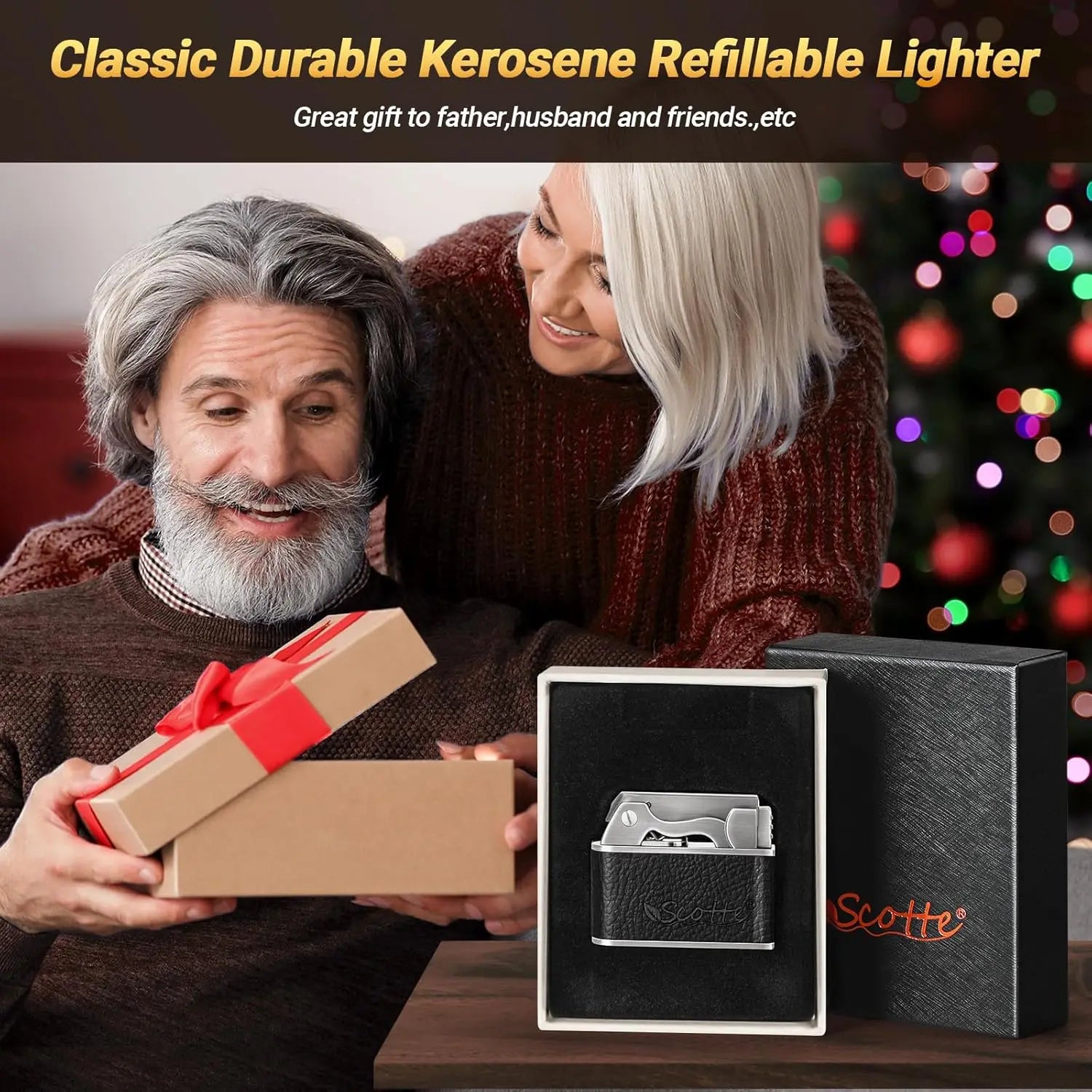 Scotte Vintage Lighter, Windproof Soft Flame, Metal and Leather Trench Lighter, Fluid Refillable Pocket Lighters