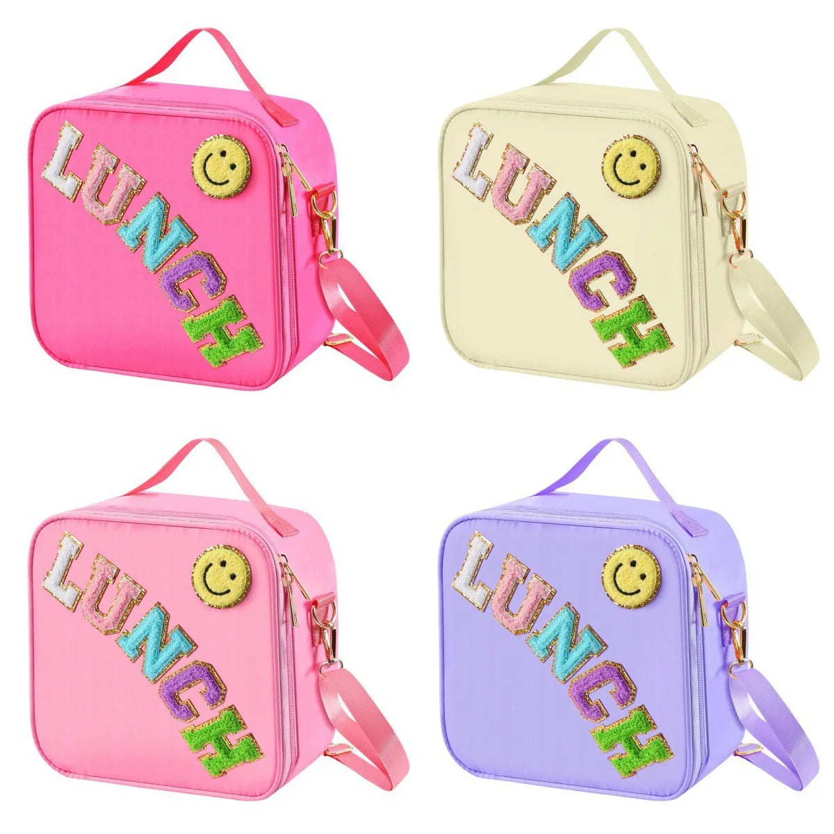 Adjustable Strap Insulated Lunch Bag, Nylon Lunch Box Insulated Bag, With Chenille Letter Patch Decor, For School Travel PicnicB