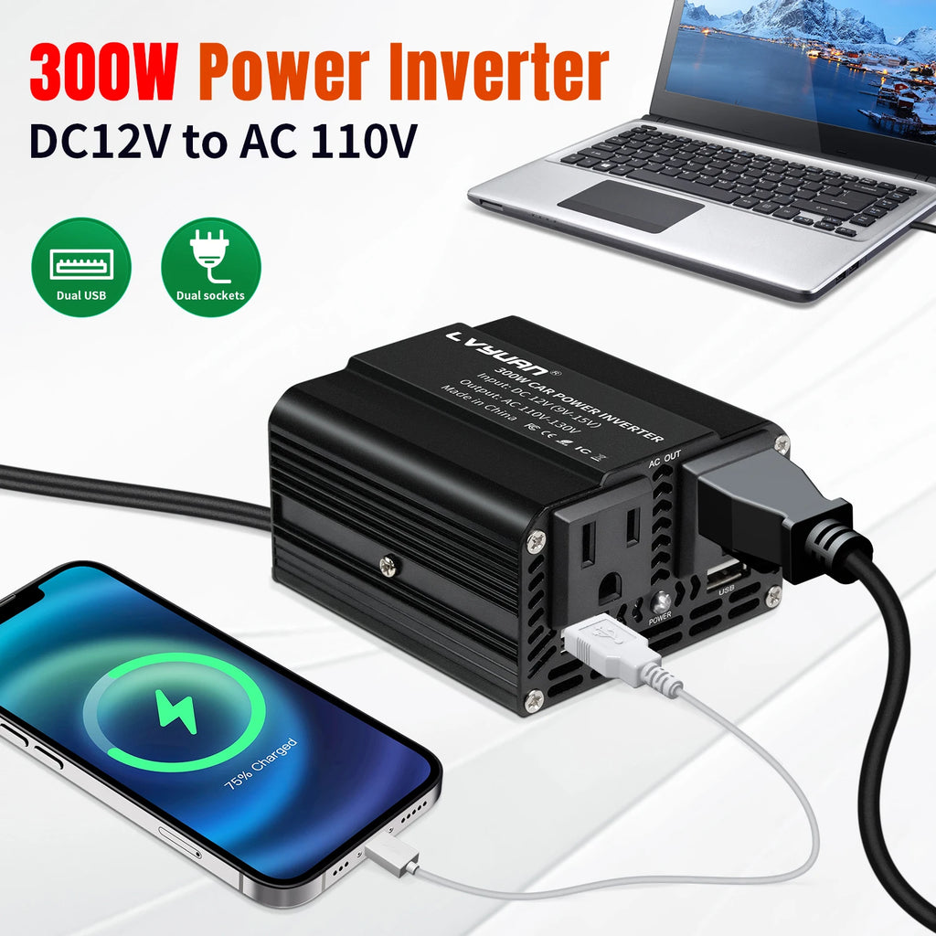 Inversor de Corriente Foval 300W | DC 12V a AC 110V/220V | Dual USB | Cargador Coche | Enchufe EU/US - Firu Total Sales