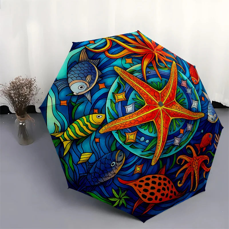 Underwater Paradise Umbrella - Automatic Open/Close, Compact 3-Fold Travel Umbrella with Marine Life Design (Starfish, Tropica