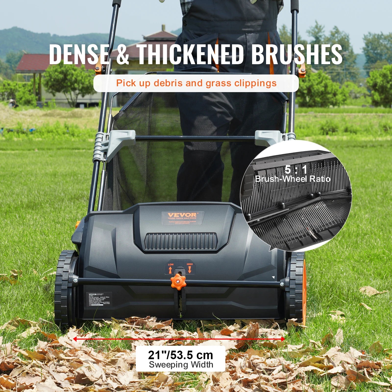 SucceBuy Push Lawn Sweeper 3.5cu.ft 21inLeaf Grass Collector Steel Durable Capacity Mesh Collection Hopper Bag 2Spinning Brushes