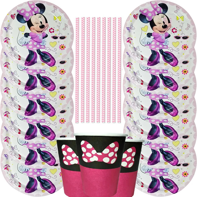 57pcs/Disney Pink Wave Minnie Mouse Theme Party Supplies Cups Plates Straw Kids Girls Baby Shower Birthday Party Decorations Set