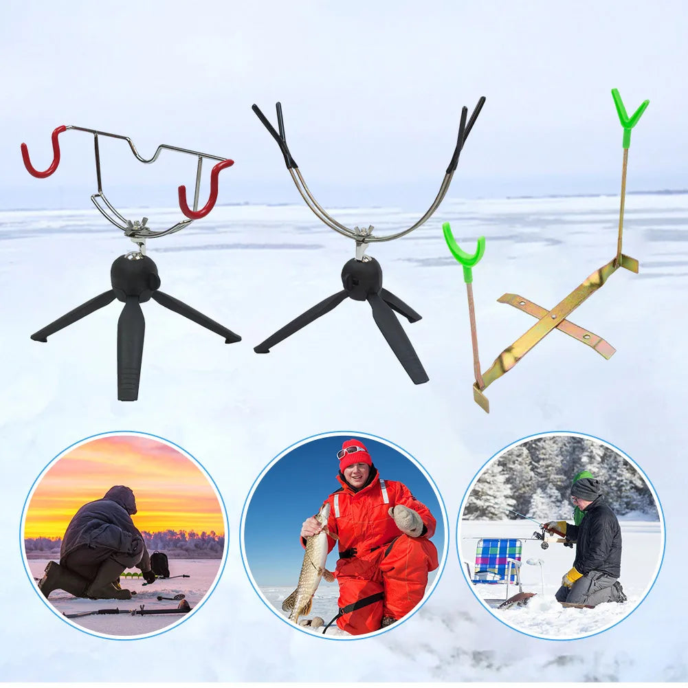 Portable Ice Fishing Rod Holder Adjustable Angle Double-Head Fish Pole Holder Metal Folding Rod Holder for Winter Sea Fishing
