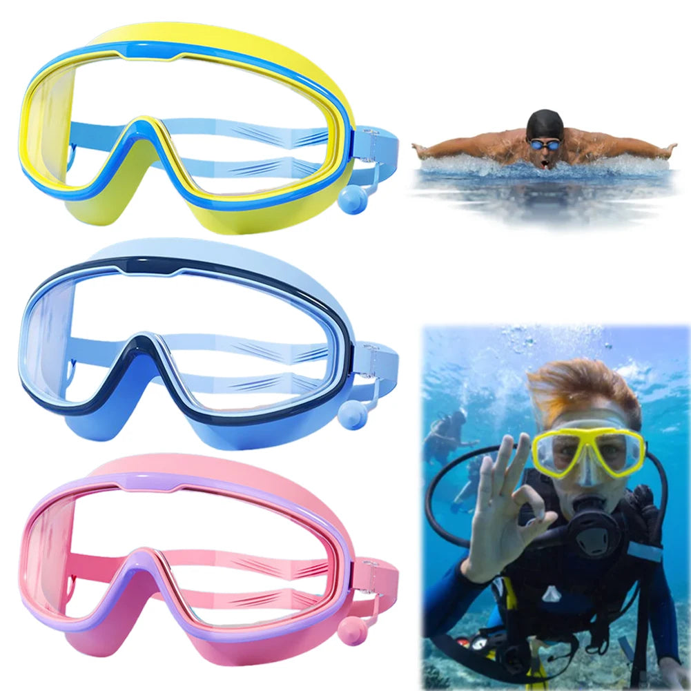 Kids Swim Goggles HD Swim Glasses with Earplugs UV Protection Swimming Goggles Large Frame Swim Sports Eyewear for Boys Girls