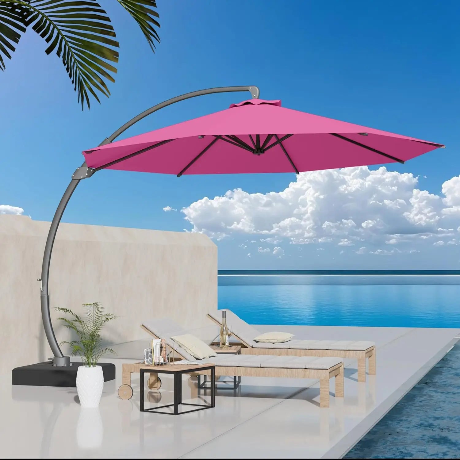 11ft round Aluminum Patio Umbrella with Base - Offset Cantilever Design 360° Rotating Customizable Large Outdoor Shade Umbrella