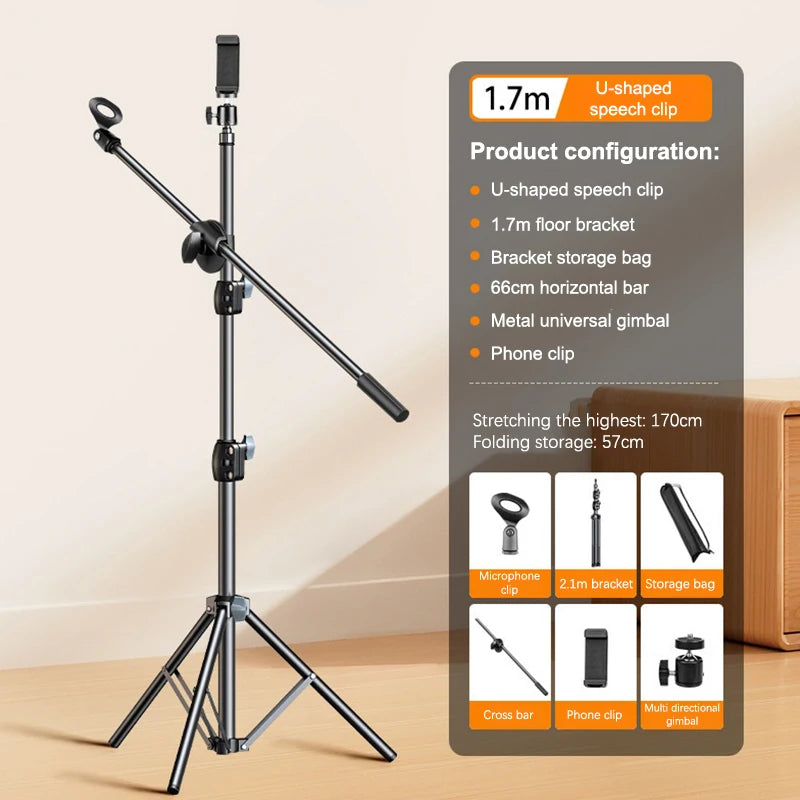 NEW! Microphone Boom Tripod Stand 1.7 2.1M Mic Tripod Bracket 66CM Crossbar Arms With Clip And Phone Holder