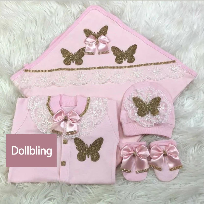 Customized Name Newborn Baby Boss Embroidery Lace Romper Outfit Infant Wrapped Baby Products Pants Mittens Receiving Blanket