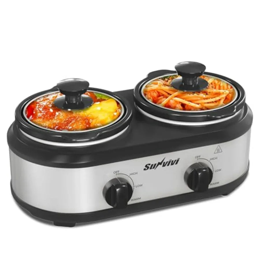 Dual Slow Cooker Buffet Server and Food Warmer Small Mini Pot with 3 Adjustable Temp 2 Visible Glass Lids for Parties Holidays