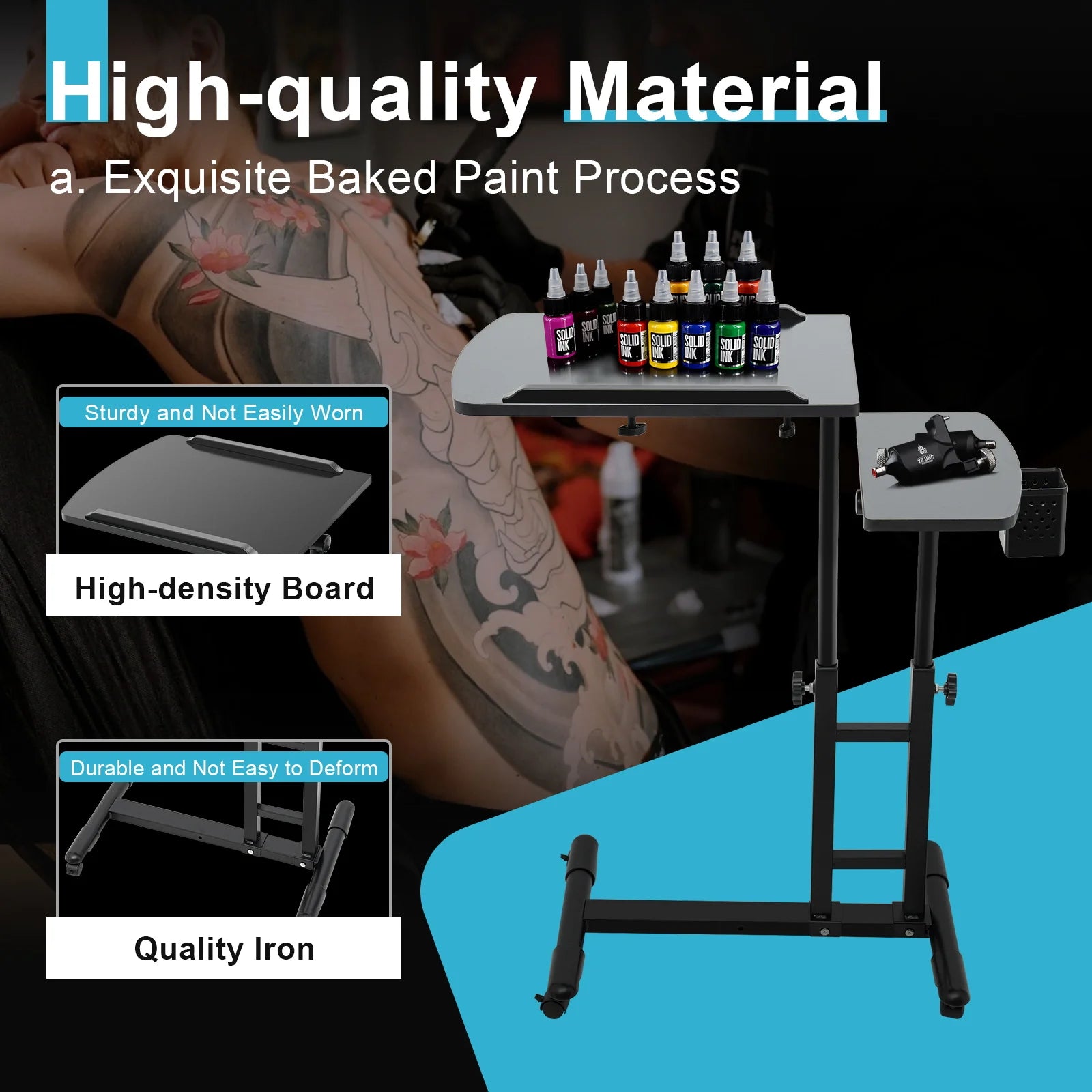 Tattoo Workbench with Adjustable Height, Rolling Cart with Locking Wheels & Dual Tabletop, 27.5LBS Capacity Artist,Salon