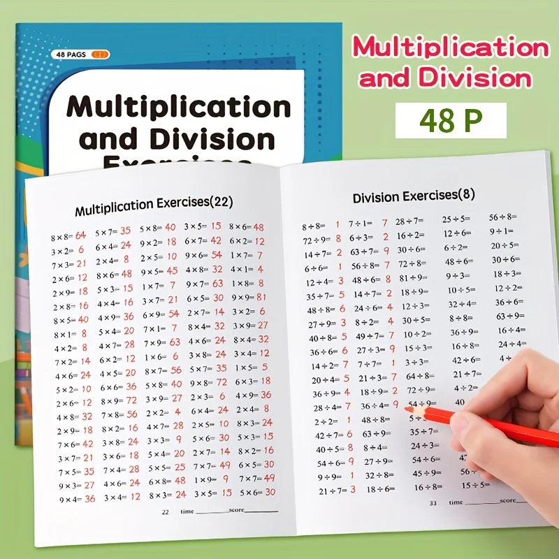 48-Page Multiplication and Division Practice Book for Children Aged 3 and Above - Durable Paper Arithmetic Exercise Book with Handwriting Practice, Perfect for School Supplies, Math Learning Tools, and Christmas Gifts, Multip