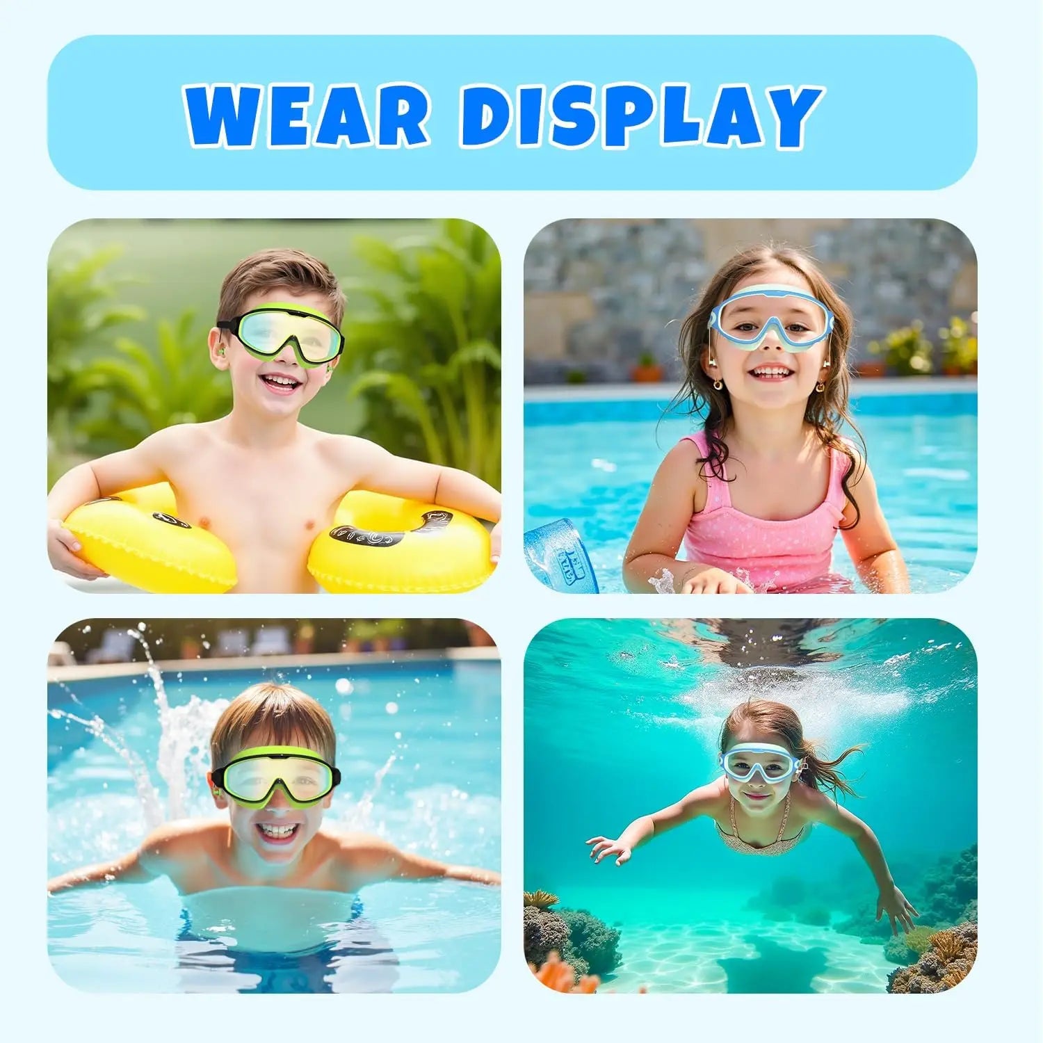 Kids Swim Goggles with Earplugs, Anti-Fog UV Protection for Boys Girls Ages 3-15, Large Frame 2PCS