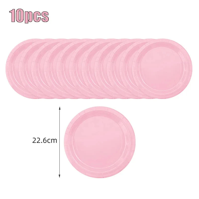 Solid Color Pink Disposable Kids Party Tableware Supplies Napkin Cup Plate Knife Fork Spoon Kids Birthday Party Supplies