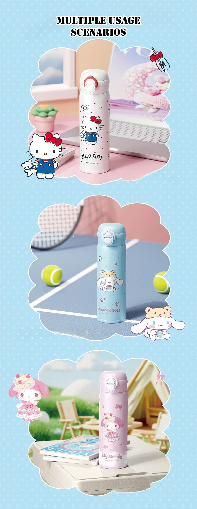 X&W 500ML for Sanrio My Melody Thermos Cups Cartoon Stainless Steel Vacuum Flask Student Cute Insulated Water Bottles Kids Cup
