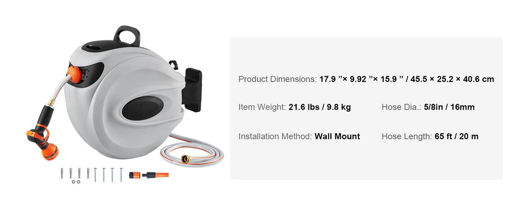 SucceBuy Retractable Hose Reel 180° Swivel Bracket Wall-Mounted Garden Water Hose Reel with 9-Pattern Nozzle Automatic Rewind