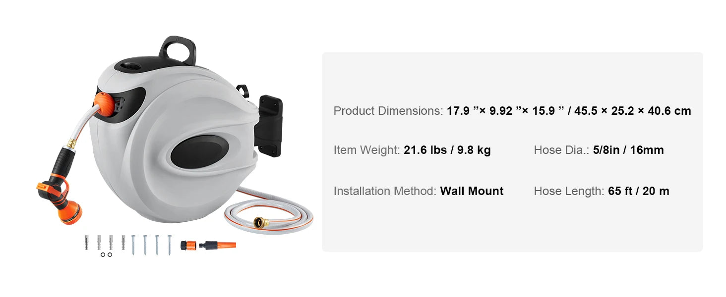 SucceBuy Retractable Hose Reel 180° Swivel Bracket Wall-Mounted Garden Water Hose Reel with 9-Pattern Nozzle Automatic Rewind