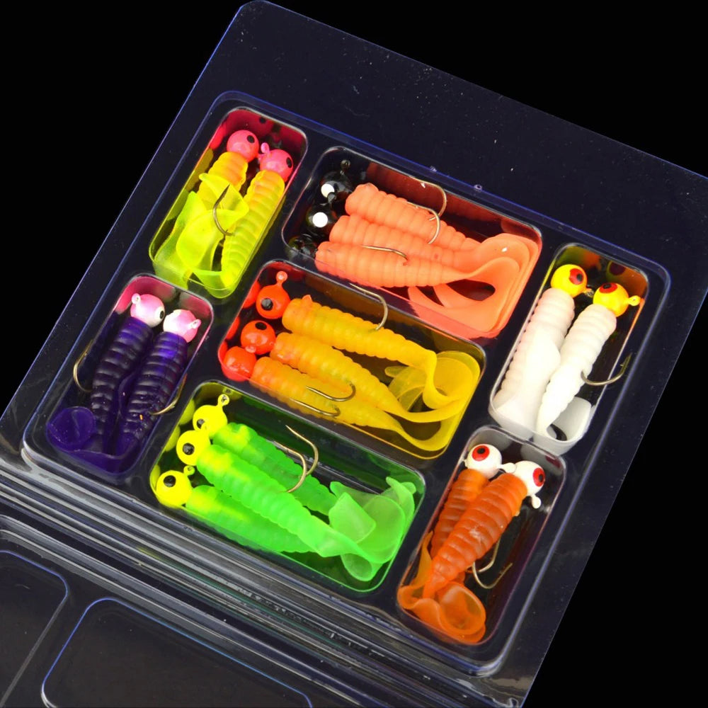 Creekmoon Set 34 Piezas | 17 Cabezas Jig Metal + 17 Gusanos Silicona | Acero Alto Carbono | Pesca - Firu Total Sales