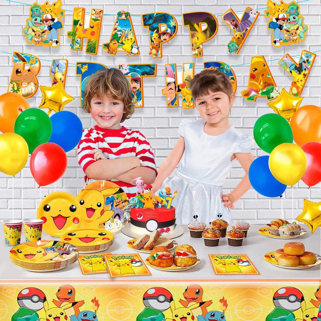 Pokemon Party Tableware,114 Pcs Pokemon Birthday Party Decorations- Pikachu Tablecloth Banner Plates etc Pokemon Party Supplies