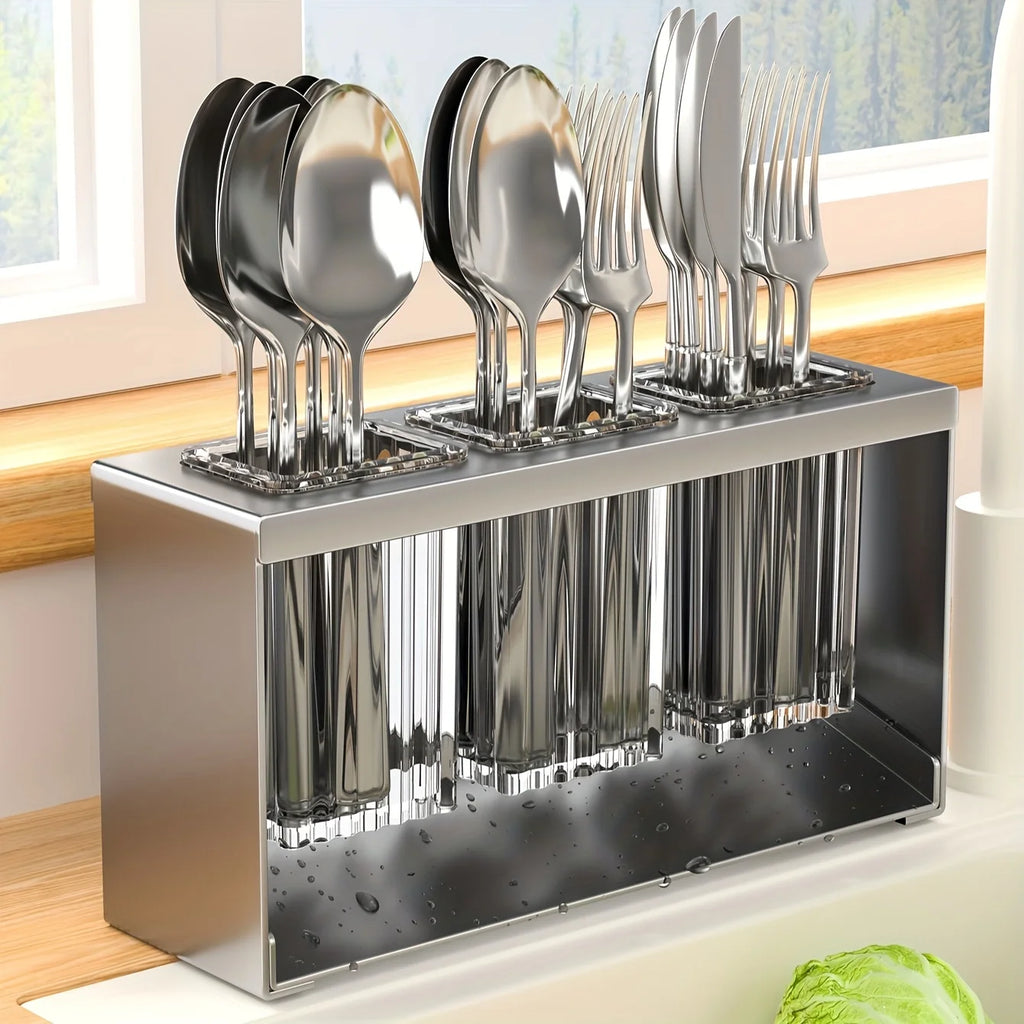 1pc Multifunctional Drain Rack with Built-in Storage Box for Kitchen Utensils Forks Spoons Knives