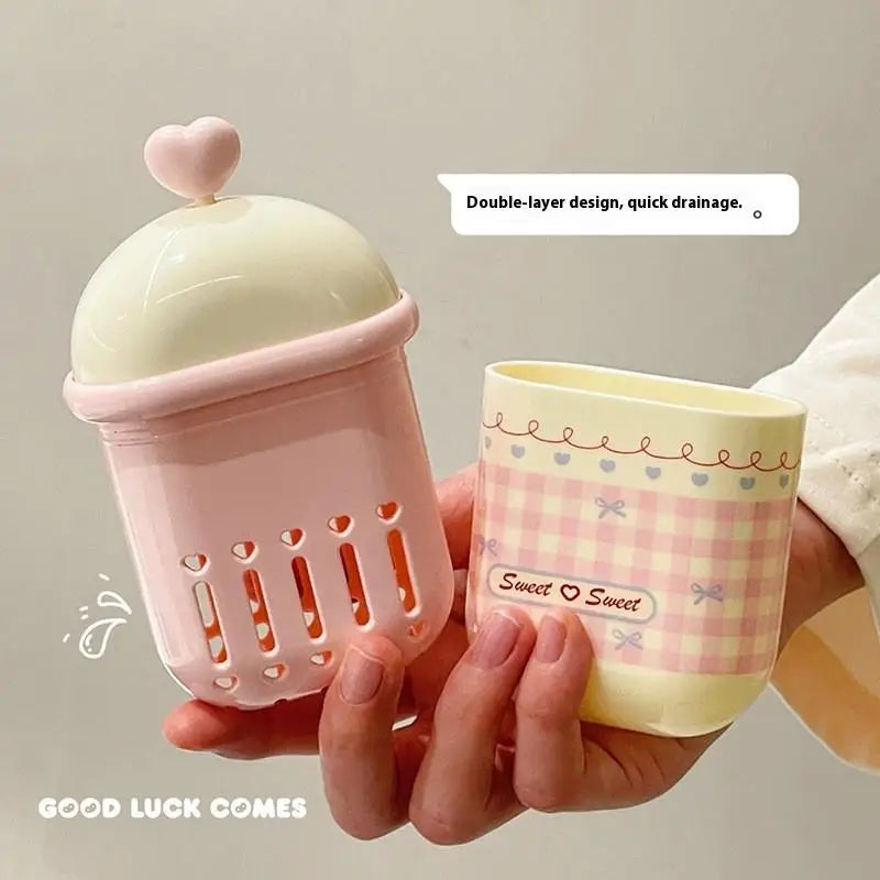 {MX} Sweet Cute Double Layer Soap Dish With Lid Portable Soap Draining Holder Cotton Swabs Storage Box Bathroom Organizer