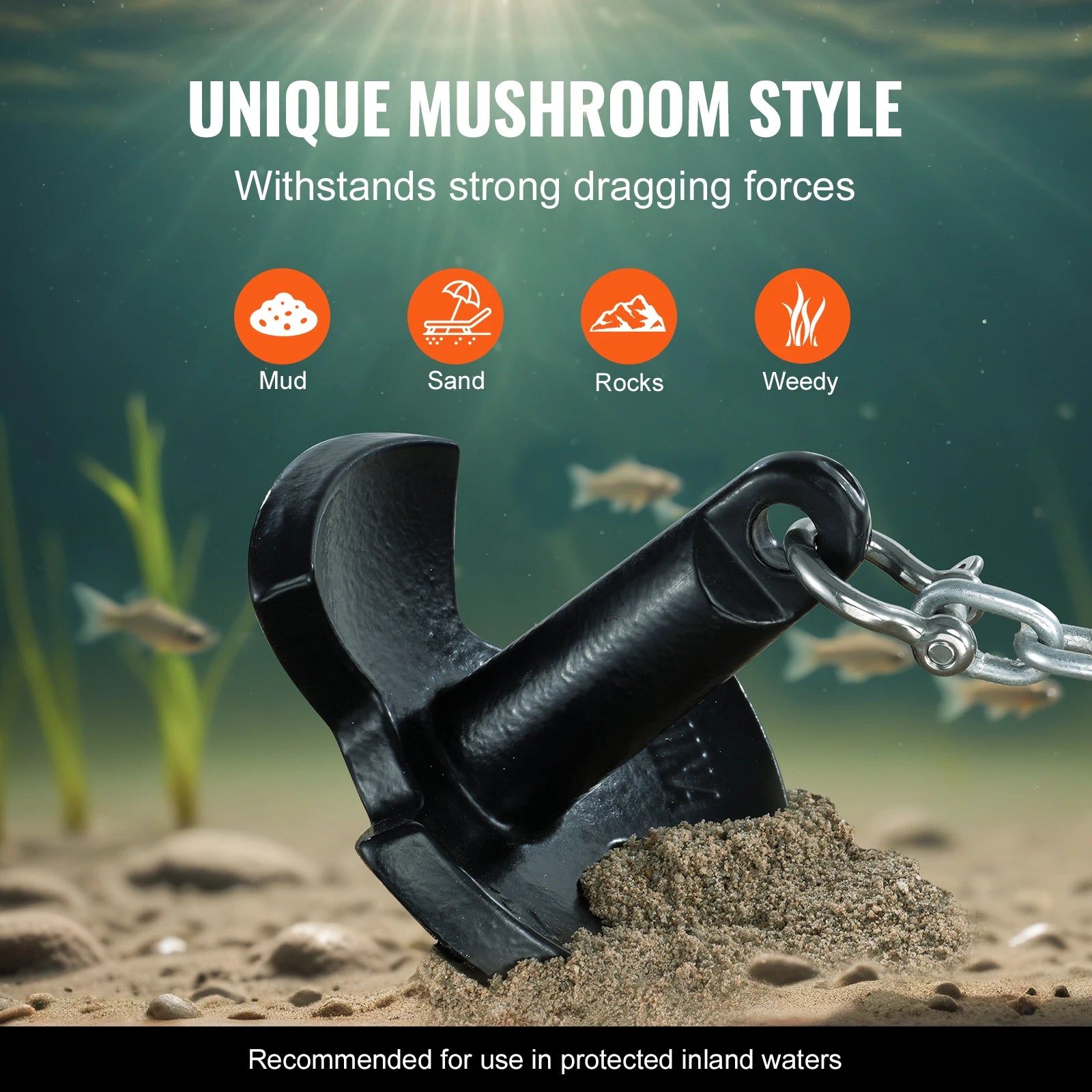 SucceBuy River Anchor 12 lbs Boat Anchor Cast Iron Black Vinyl-Coated with Shackle,  Mushroom Anchor Fit for Boats Up To 10 ft