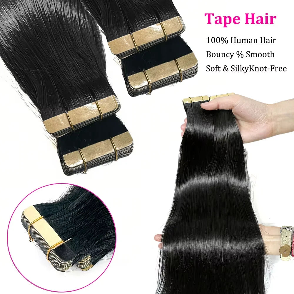 Seamless Invisible Straight Tape in Hair Extensions 100% Human Hair Brazilian Natural Black 16-22 Inch Skin Weft Tape Human Hair