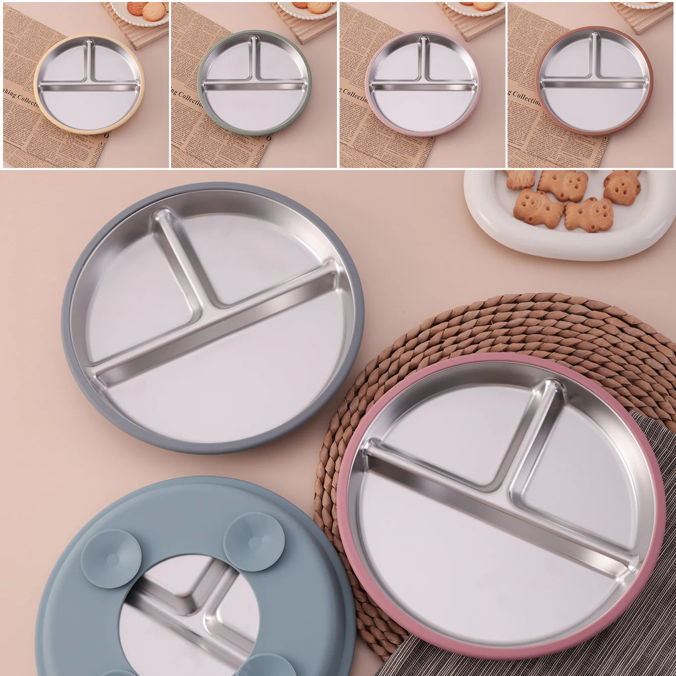 Plato de Acero Inoxidable con Ventosa Color Kids | Silicona | Alimentación Bebé 🍼