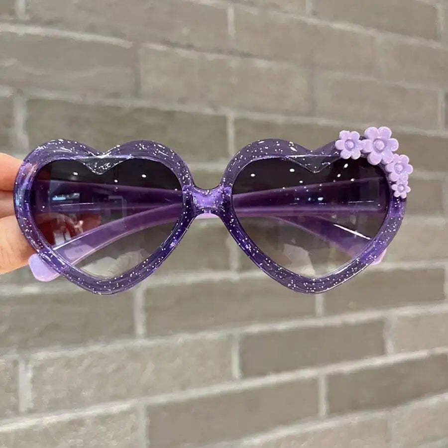 Heart-Shaped Glitter Sunglasses with Floral Embellishment for Girls