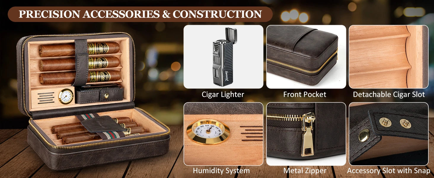 Travel Humidor Cigar Case&Cigar Lighter,Leather Cigar Case with Cedar Wood Tray,Hygrometer,Humidifier,Cigar Accessories for Men