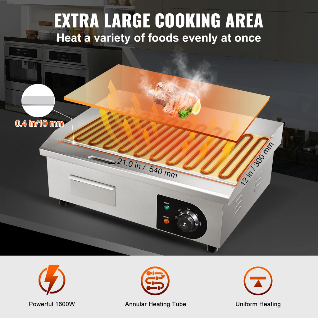 SucceBuy 21In Commercial Electric Grill Flat Pan Stainless Steel Desktop Griddle Hotplate Teppanyaki Grill w/Temperature Control