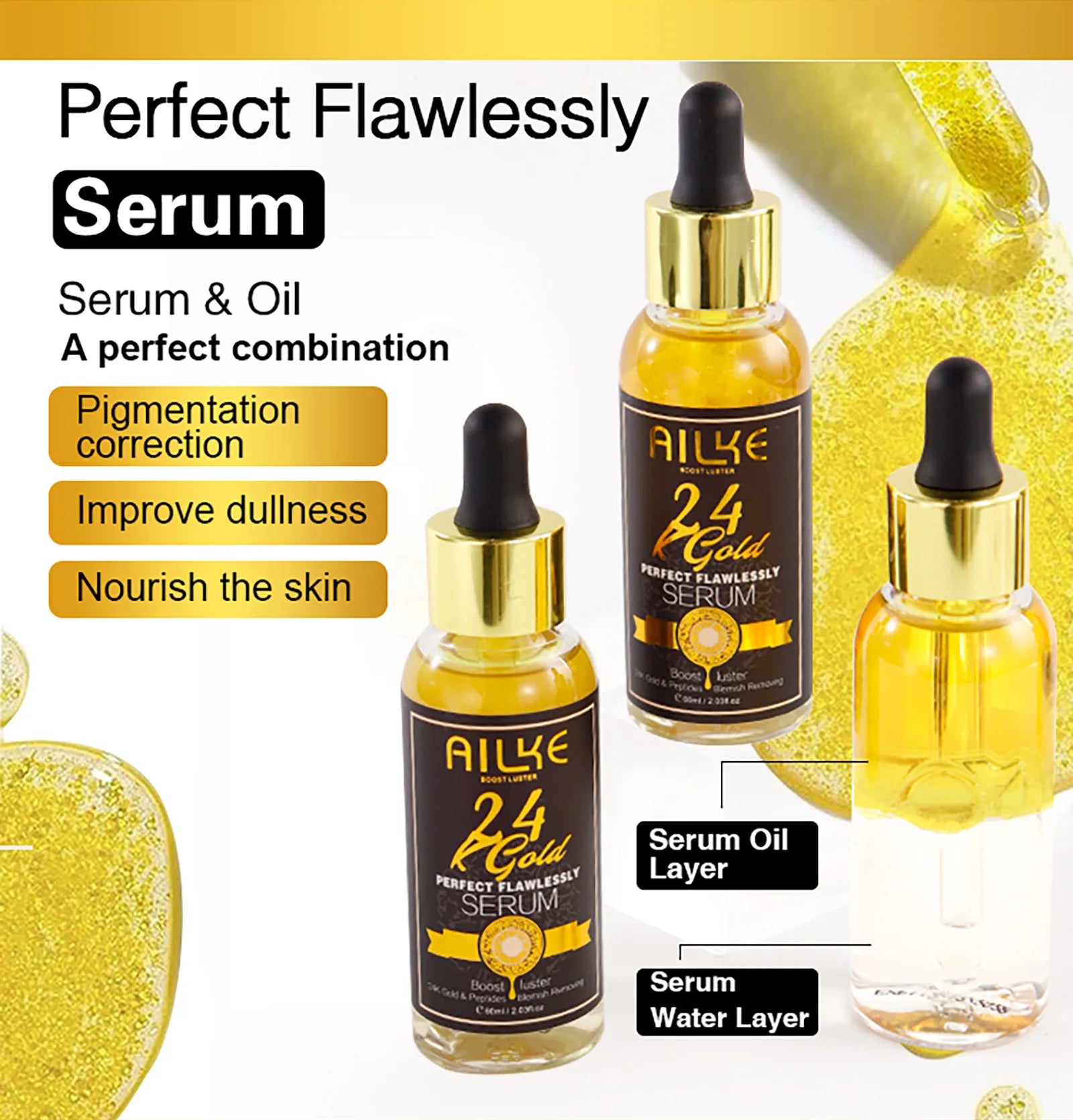 AILKE 24K Glod Flawlessly Skin Care Range, Skin Whitener, Reduce Dark Spots, Melanin, Wrinkles, Moisturize, For Women & Men