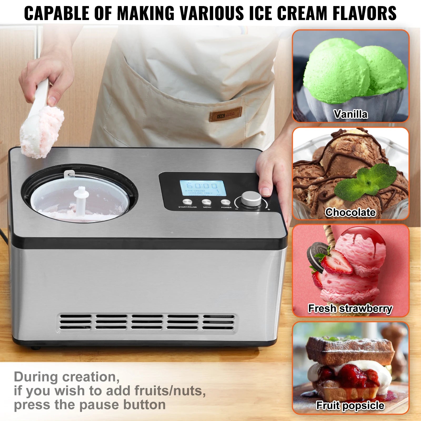 SucceBuy Máquina de Helados Eléctrica 2Qt | Compresor Integrado | Sin Pre-congelar | Yogur y Sorbete
