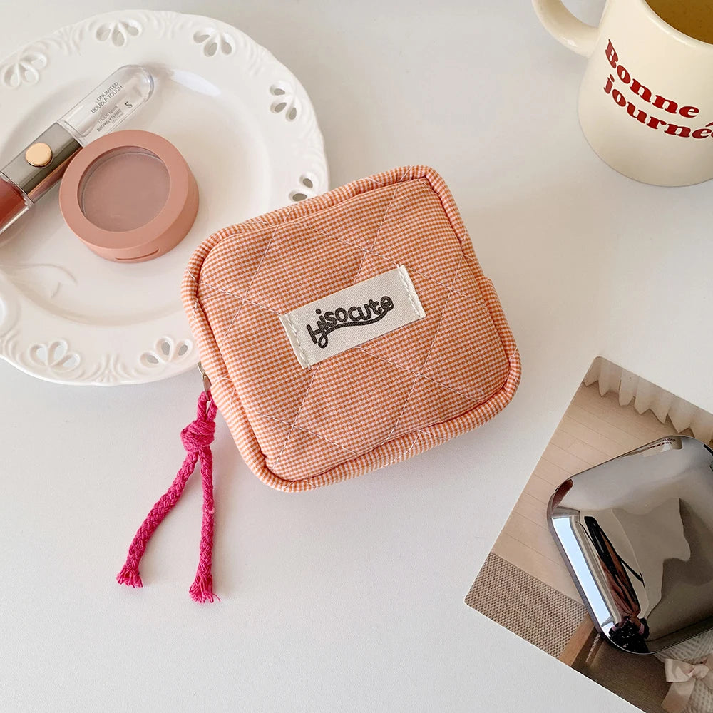 Ins Style Plaid Mini Coin Purse Portable Cosmetic Storage Bag Lady's Lipstick Bag and Card Holder Kawaii Tofu Pillow Bag