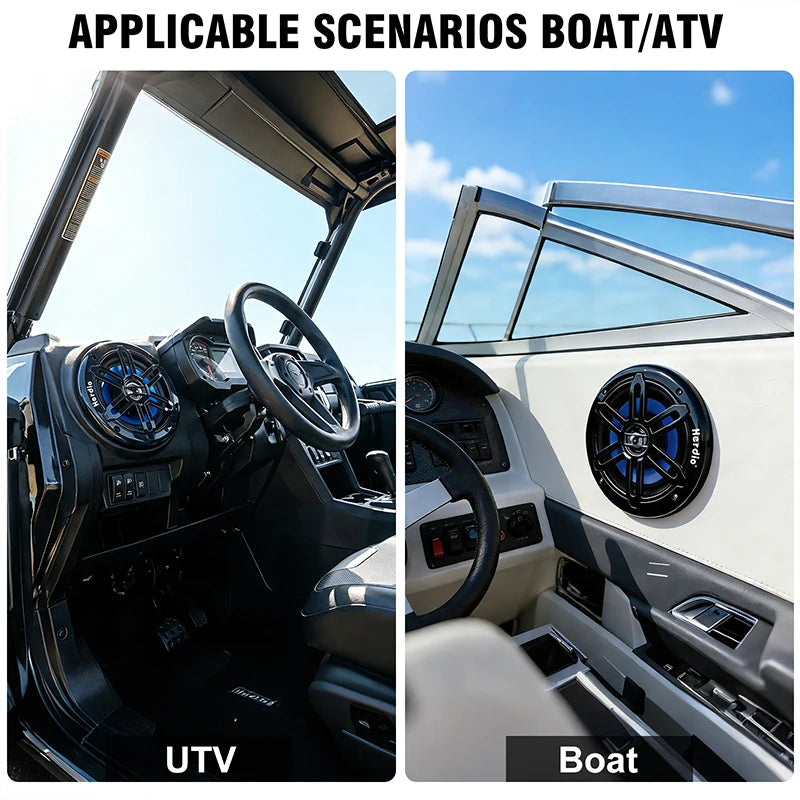 Herdio 6.5 Inch Marine Speaker 350W IP66 Waterproof Coaxial Audio Blue LED Light UV Resistant Grille for Boats ATV/UTV 1 Pair