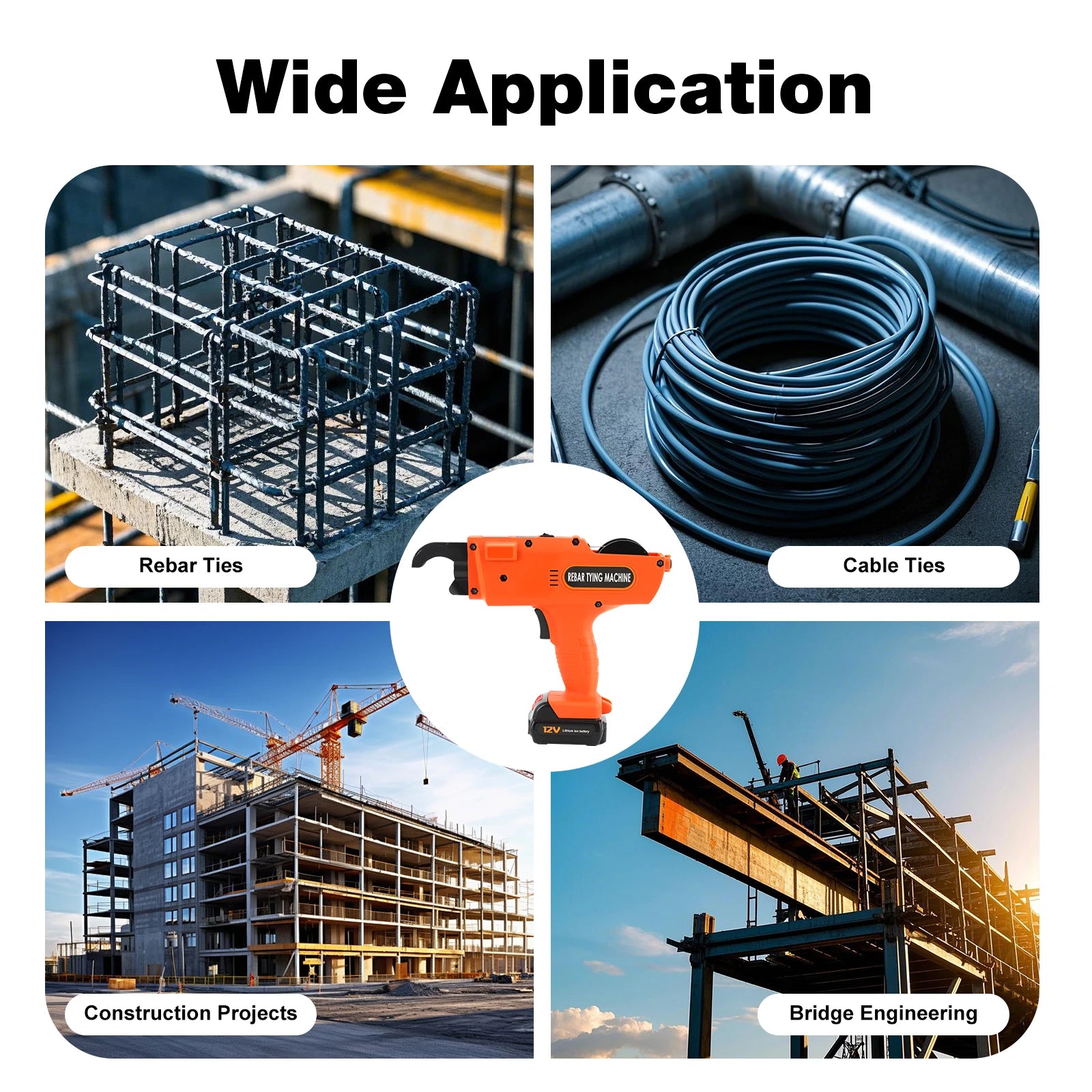 8mm-34mm Automatic Rebar Tier Binding Machine 12V 4500mAh Electric Handheld Rebar Tying Machine Wire Pliers Tool Kit w/Batteries