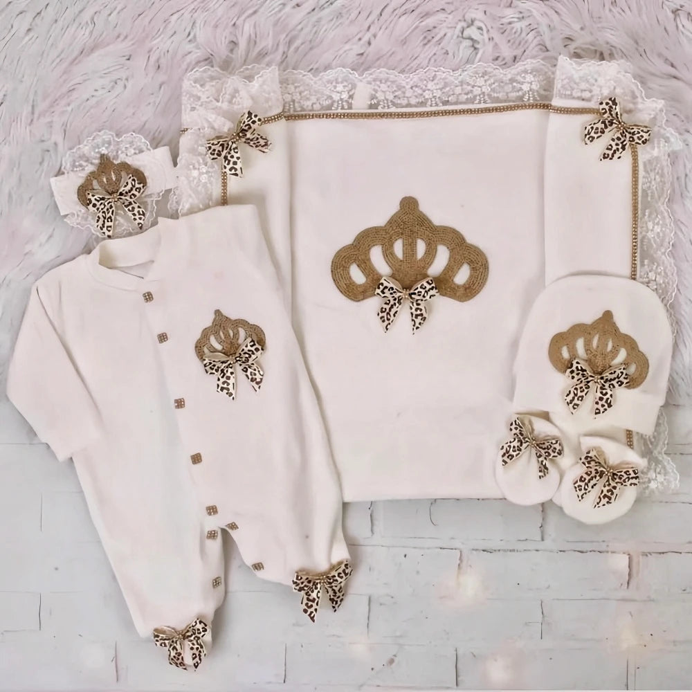 Customized Name Newborn Baby Boss Embroidery Lace Romper Outfit Infant Wrapped Baby Products Pants Mittens Receiving Blanket